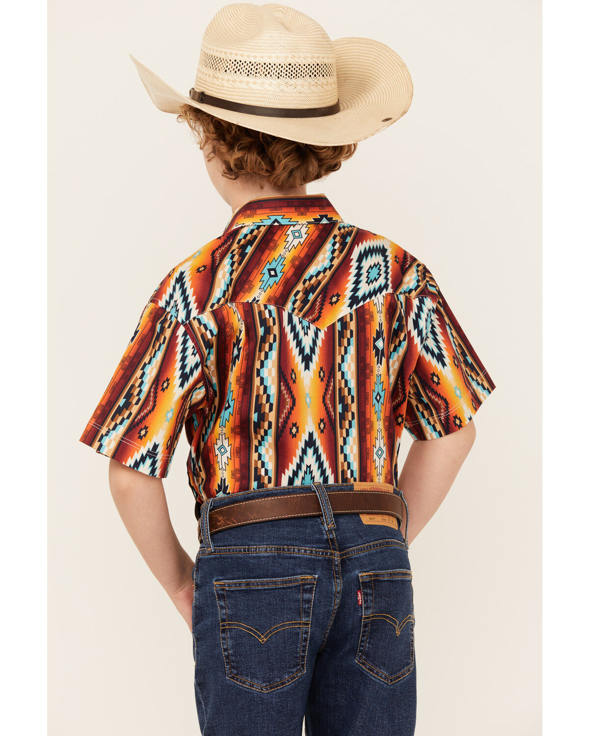 Image #4 - Rock & Roll Denim Boys' Southwestern Print Short Sleeve Snap Stretch Western Shirt, Red, hi-res
