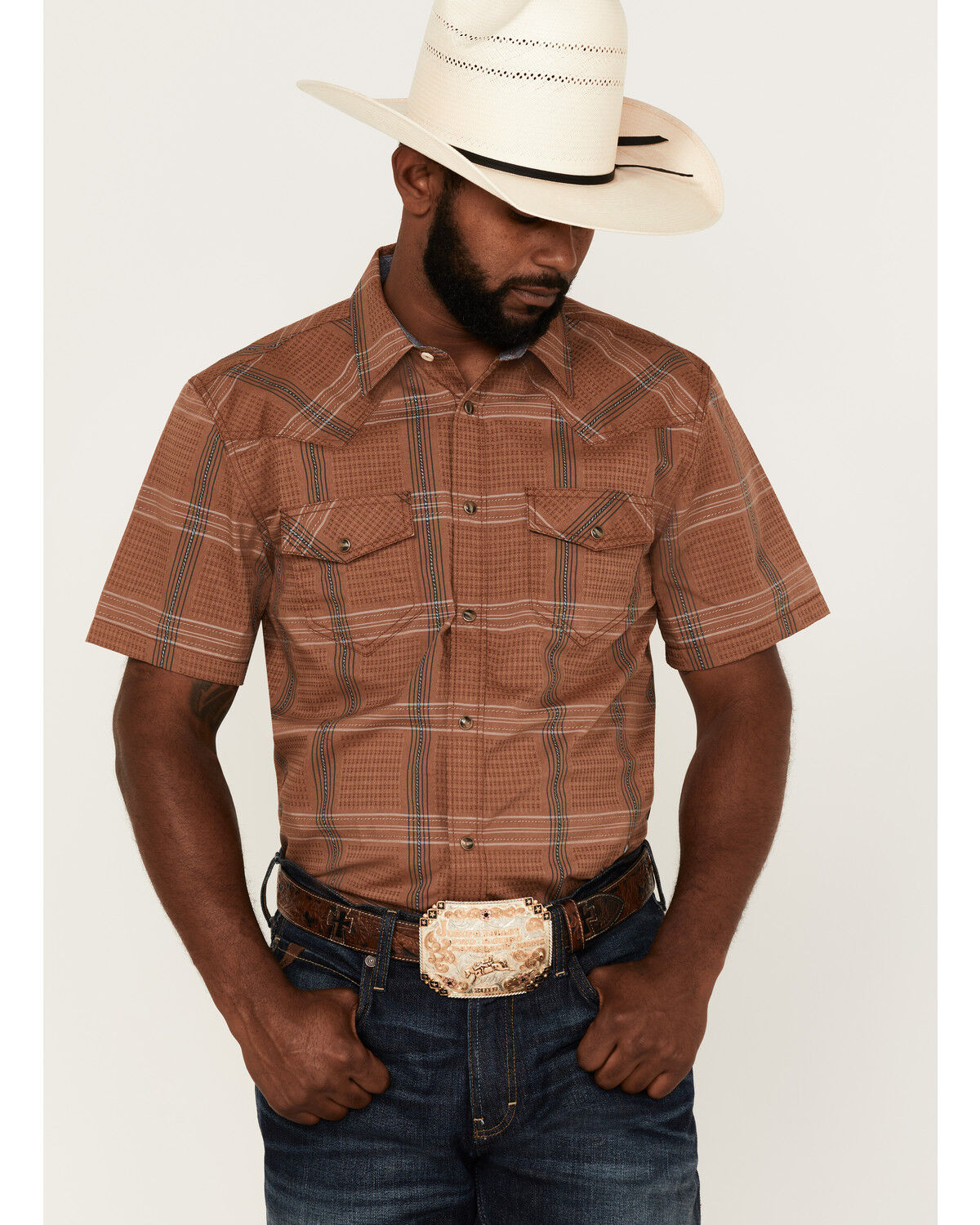 Image #1 - Cody James Men's Easl End Large Plaid Short Sleeve Snap Western Shirt, Brown, hi-res