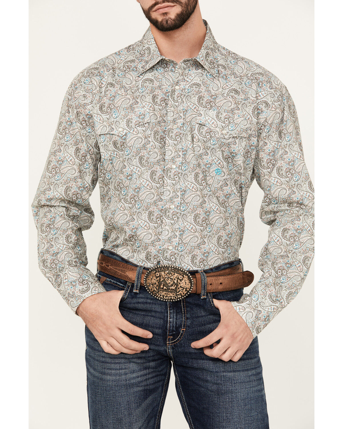 Image #3 - Roper Men's Amarillo Paisley Print Long Sleeve Pearl Snap Western Shirt, Brown, hi-res