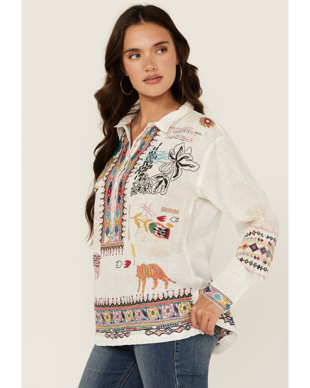 Image #2 - Johnny Was Women's Embroidered Conversation Print Long Sleeve Blouse, White, hi-res