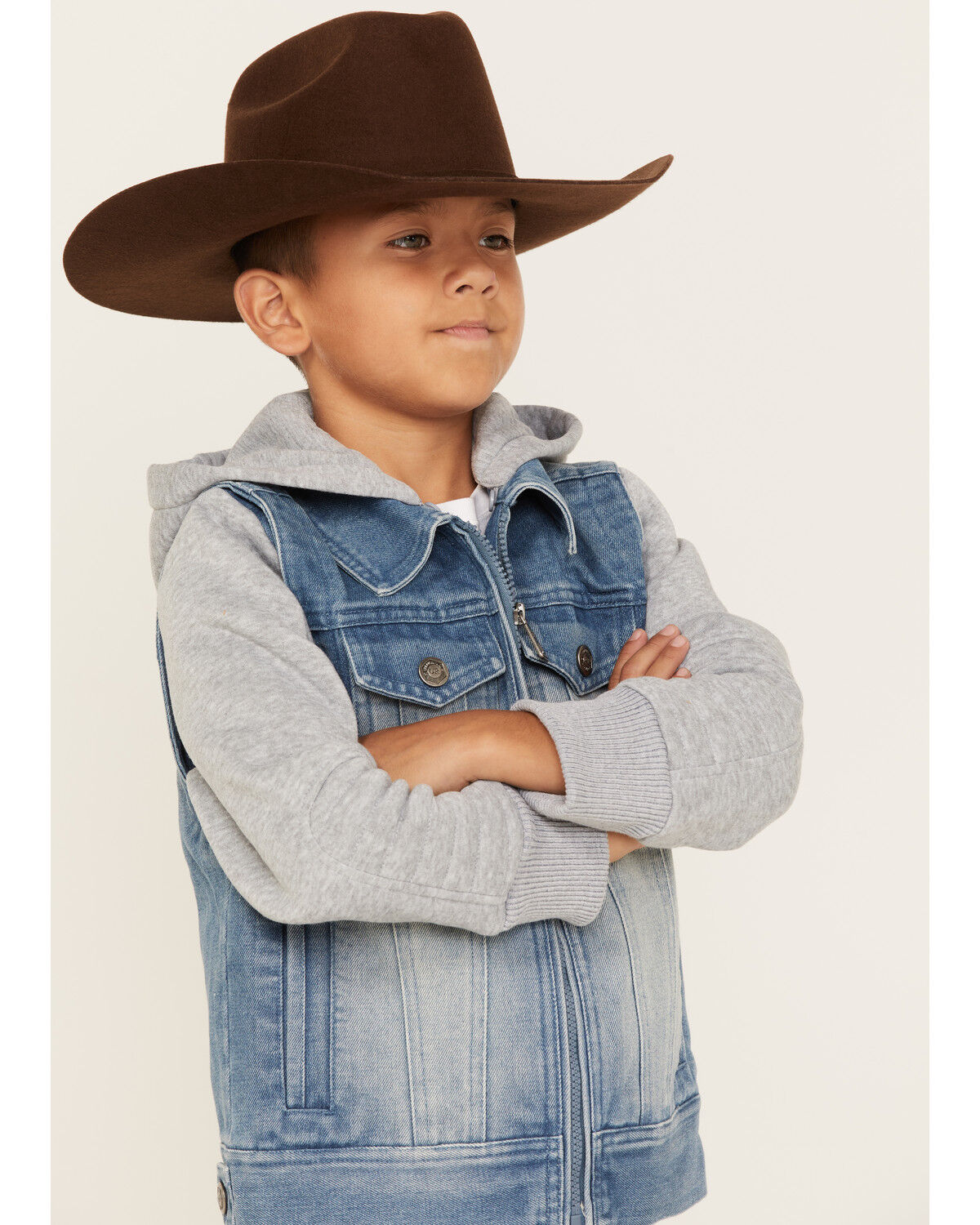 Image #2 - Urban Republic Boys' Medium Wash Denim Vest Layered Hooded Zip Sweatshirt, , hi-res