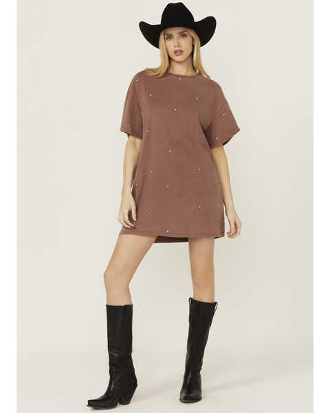 Rock & Roll Denim Women's Rhinestone Short Sleeve T-Shirt Dress, Brown, hi-res