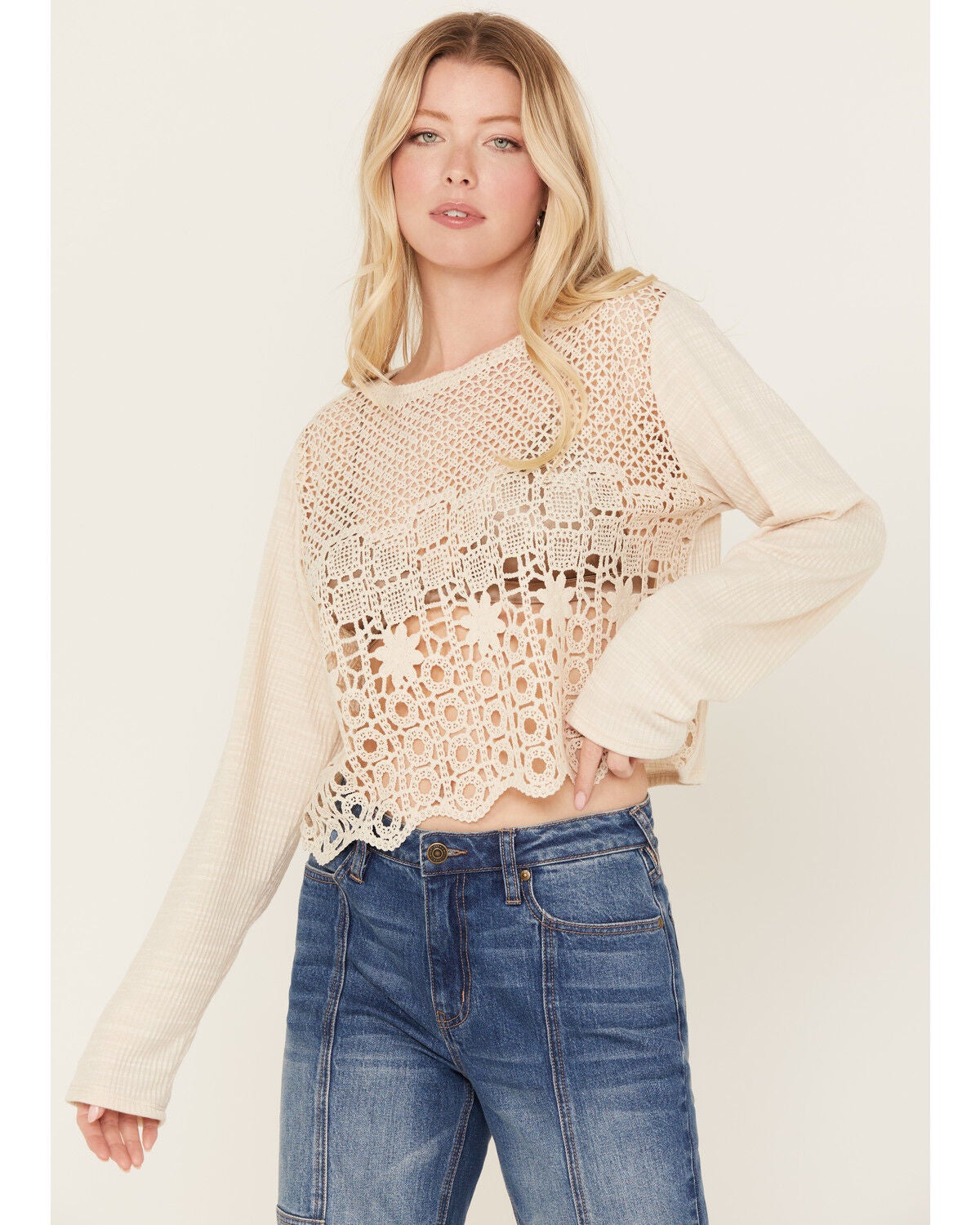 Wild Moss Women's Crochet Front Knit Top, Ivory, hi-res