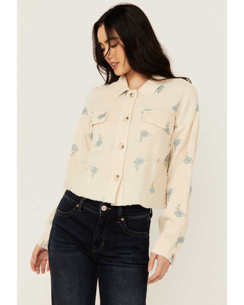 Mystree Women's Floral Embroidered Long Sleeve Button-Down Shirt, Cream, hi-res