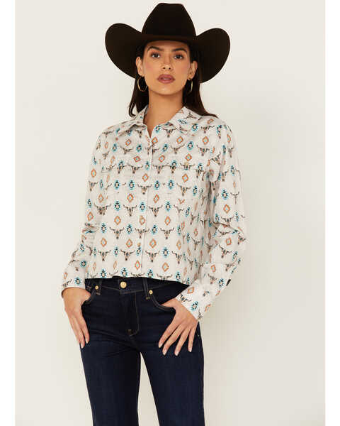 Panhandle Women's Steer Print Long Sleeve Snap Western Shirt, Off White, hi-res