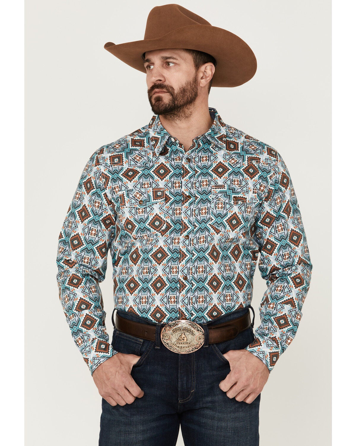 Cody James Men's Great Plains Southwestern Print Long Sleeve Snap Western Shirt, Turquoise, hi-res