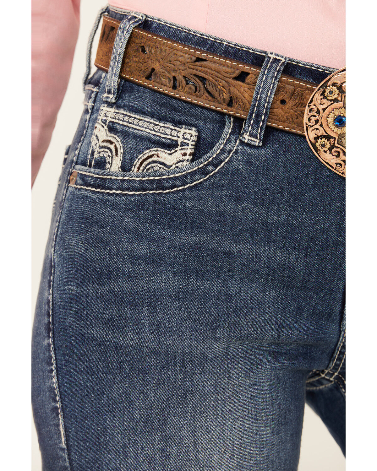 Image #4 - Rock & Roll Denim Women's Medium Wash Mid Rise Cowhide Pocket Bootcut Stretch Denim Jeans, Medium Wash, hi-res