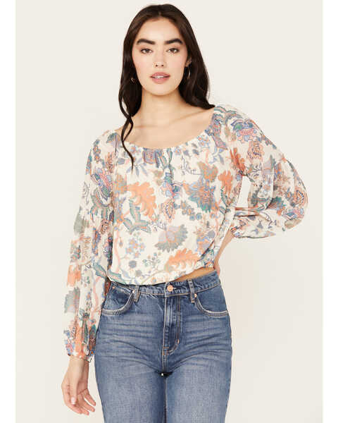 Image #1 - Flying Tomato Women's Floral Long Sleeve Peasant Top, Ivory, hi-res