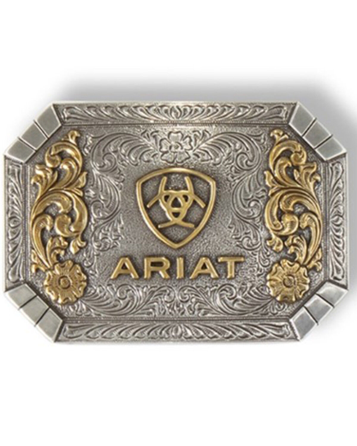 Image #1 - M & F Western Men's Silver Rectangular & Gold Floral Emblem Belt Buckle, Silver, hi-res