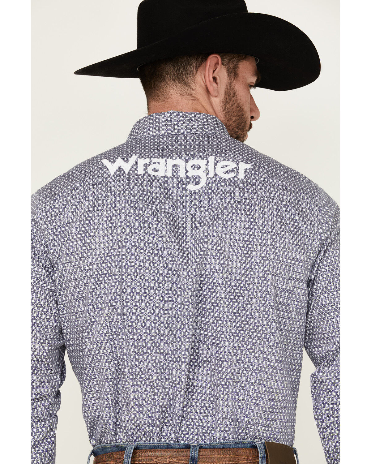 Image #4 - Wrangler Men's Geo Print Logo Long Sleeve Button-Down Western Shirt, Navy, hi-res
