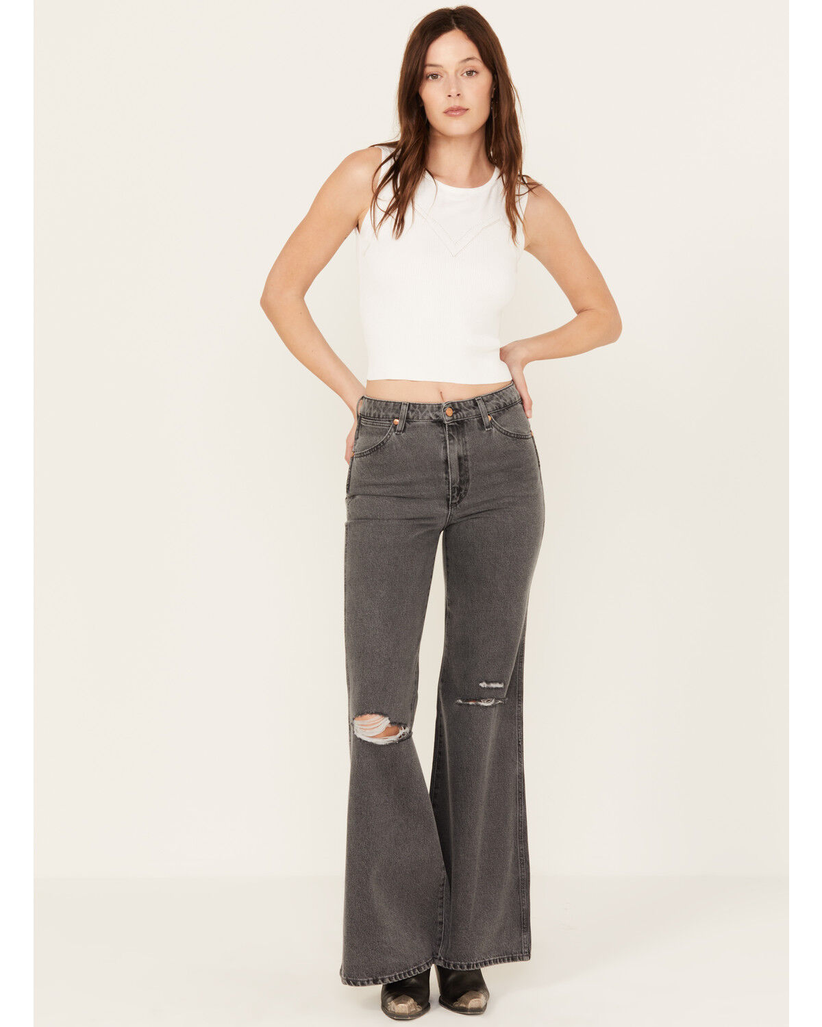 Image #1 - Wrangler Women's Heart Patch Wanderer Flare Jeans, Black, hi-res