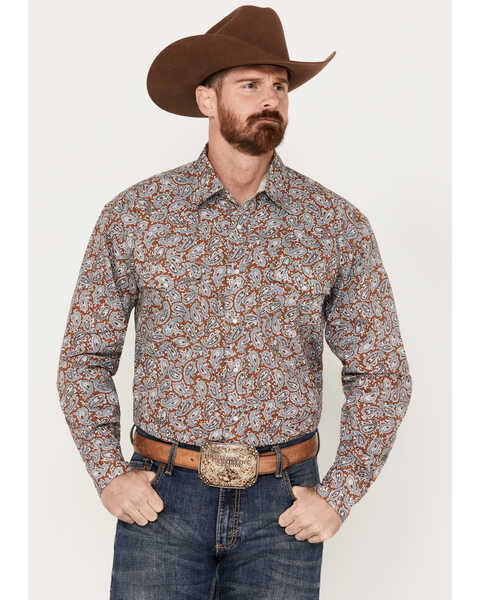 Roper Men's Amarillo Paisley Print Long Sleeve Pearl Snap Western Shirt, Dark Orange, hi-res