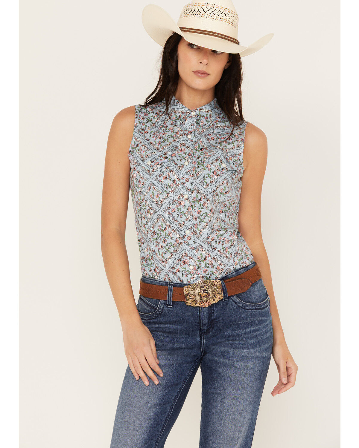 Image #1 - Wrangler Women's Floral Paisley Print Woven Sleeveless Snap Western Shirt, Blue, hi-res