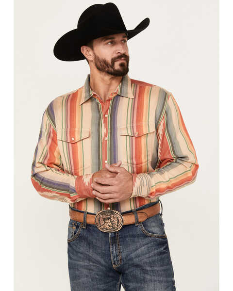 Scully Men's Southwestern Serape Striped Long Sleeve Pearl Snap Western Shirt, Multi, hi-res