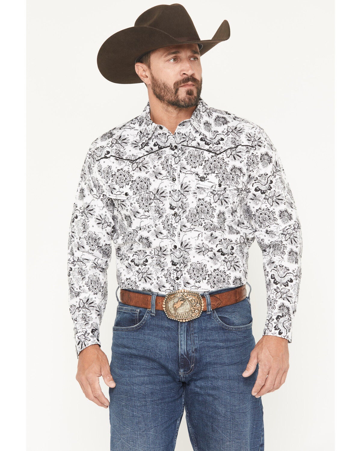 Cowboy Hardware Men's Peacock Paisley Print Long Sleeve Snap Stretch Western Shirt, White, hi-res