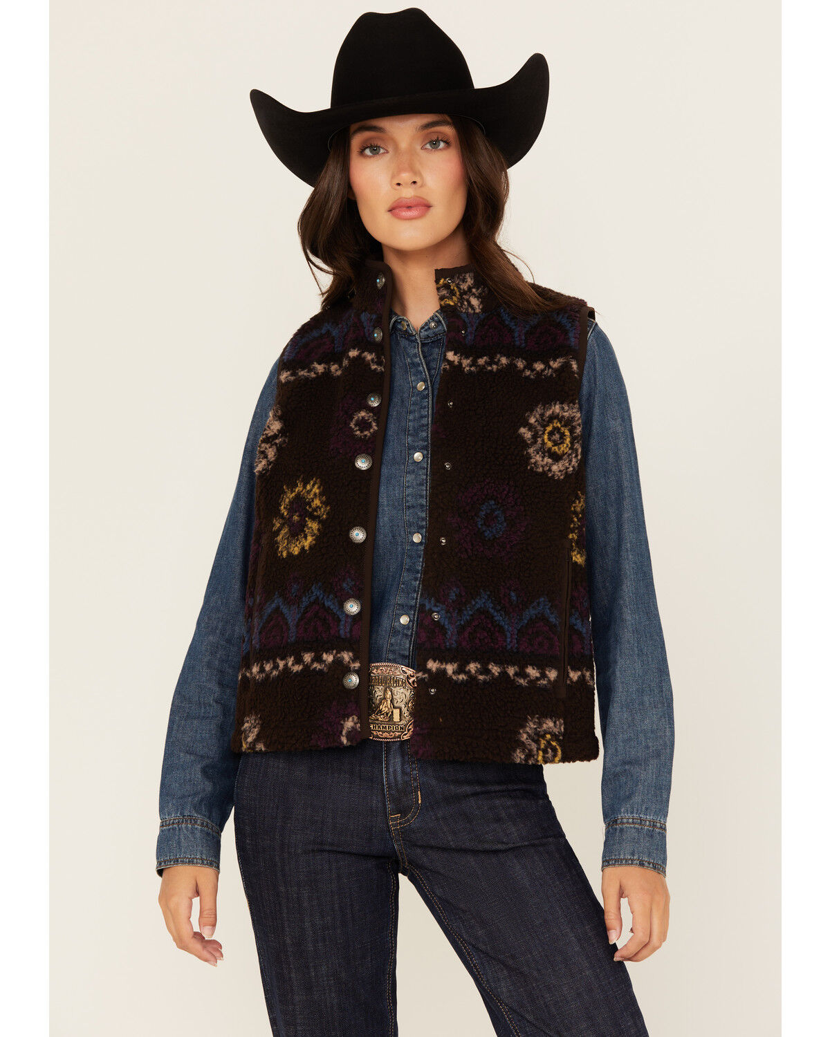Image #1 - Shyanne Women's Printed Sherpa Vest, Chocolate, hi-res