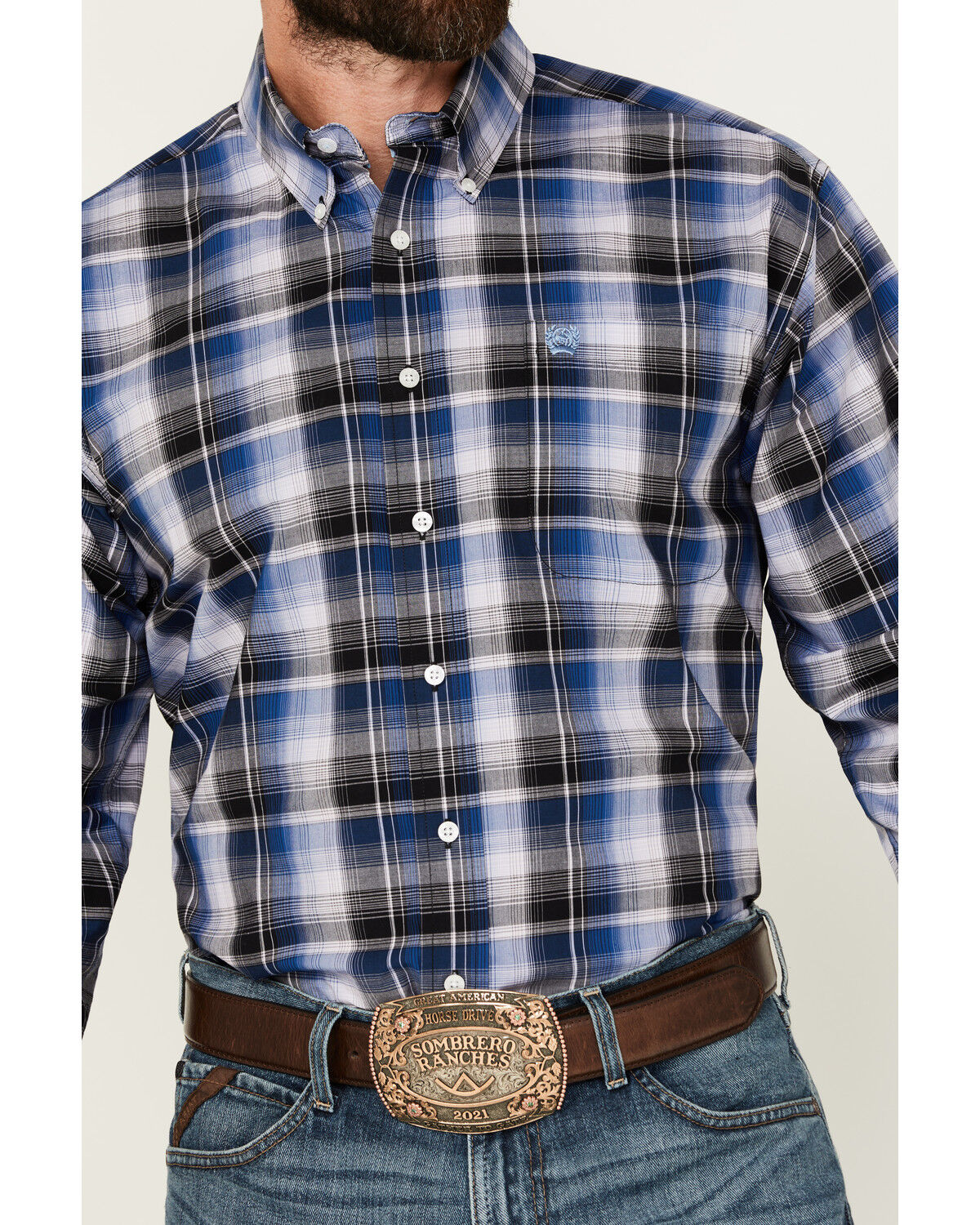 Image #2 - Cinch Men's Plaid Print Long Sleeve Button-Down Western Shirt, Blue, hi-res