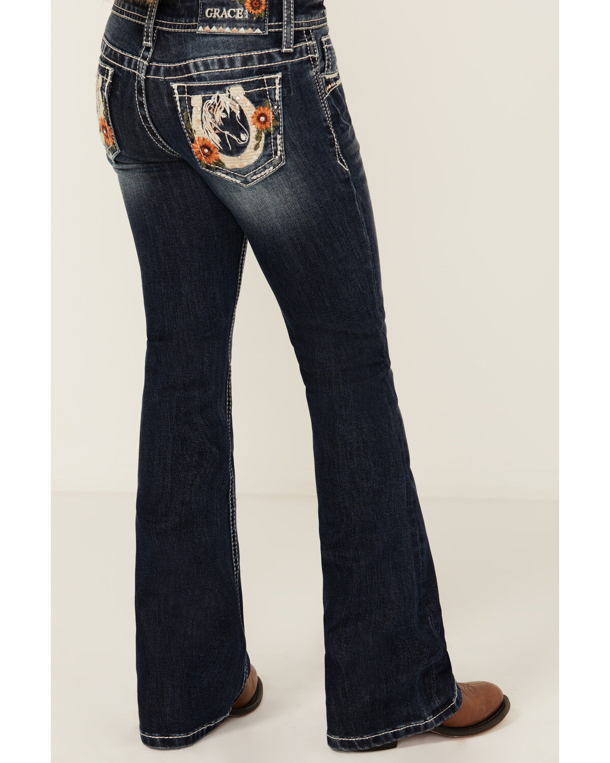 Image #2 - Grace in LA Girls' Dark Wash Horseshoe Flower Pocket Bootcut Stretch Denim Jeans, Dark Wash, hi-res