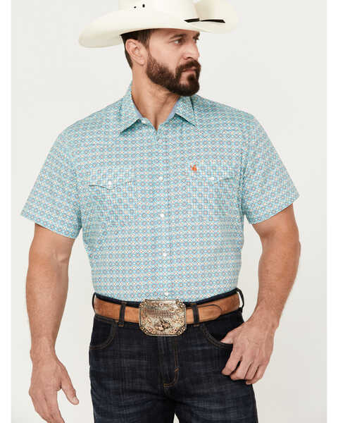 Rodeo Clothing Men's Boot Barn Exclusive Medallion Print Short Sleeve Pearl Snap Western Shirt, Teal, hi-res