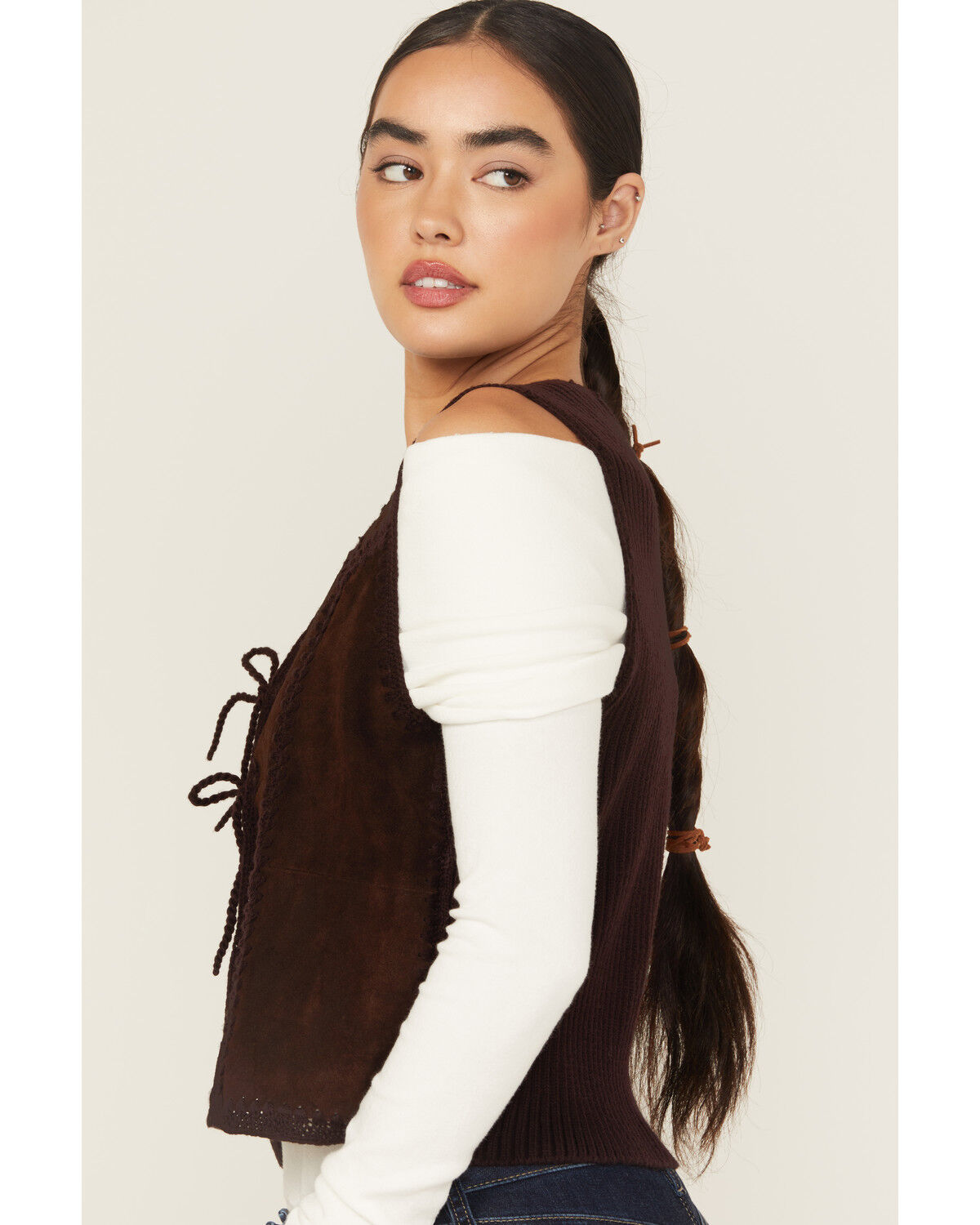 Image #2 - Shyanne Women's Suede Tie Front Knit Fashion Vest, Chocolate, hi-res