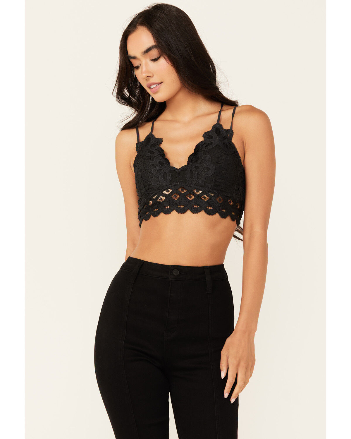 Image #1 - Wishlist Women's Strappy Lace Applique Scallop Lace Bralette, Charcoal, hi-res