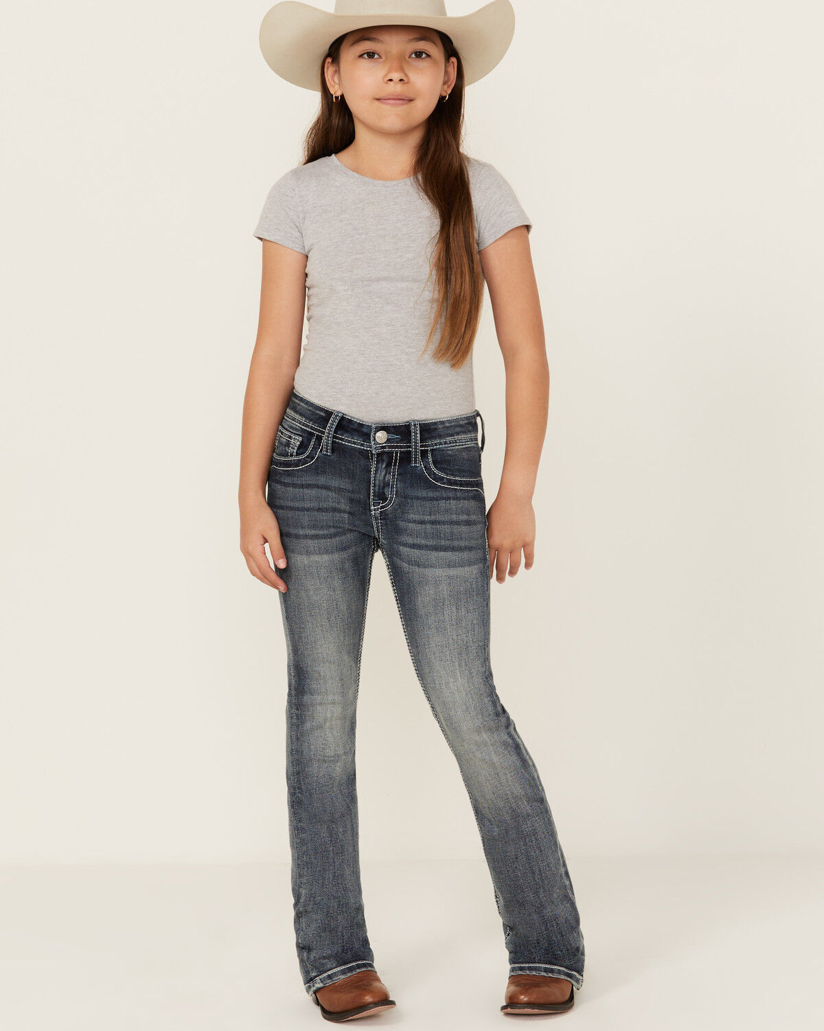 Image #3 - Grace in LA Girls' Medium Wash Embroidered Pocket Bootcut Stretch Denim Jeans, Medium Wash, hi-res