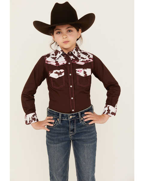 Image #1 - Cowgirl Hardware Girls' Cow Print Yoke Long Sleeve Snap Western Shirt , Brown, hi-res