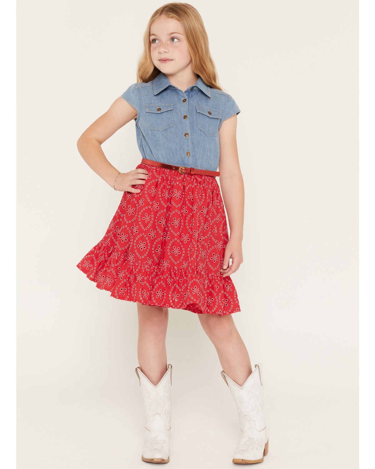 Image #1 - Sugar California Girls' Lace Denim Dress, Red, hi-res