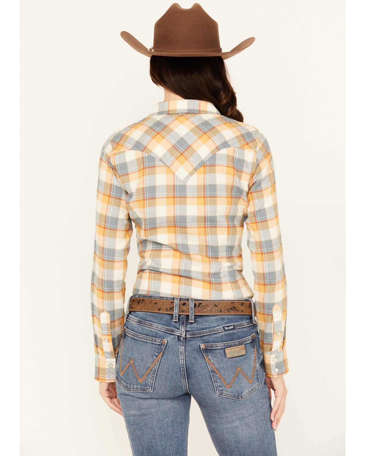 Image #4 - Wrangler Retro Women's Boot Barn Exclusive Plaid Print Long Sleeve Pearl Snap Flannel Shirt, Blue, hi-res
