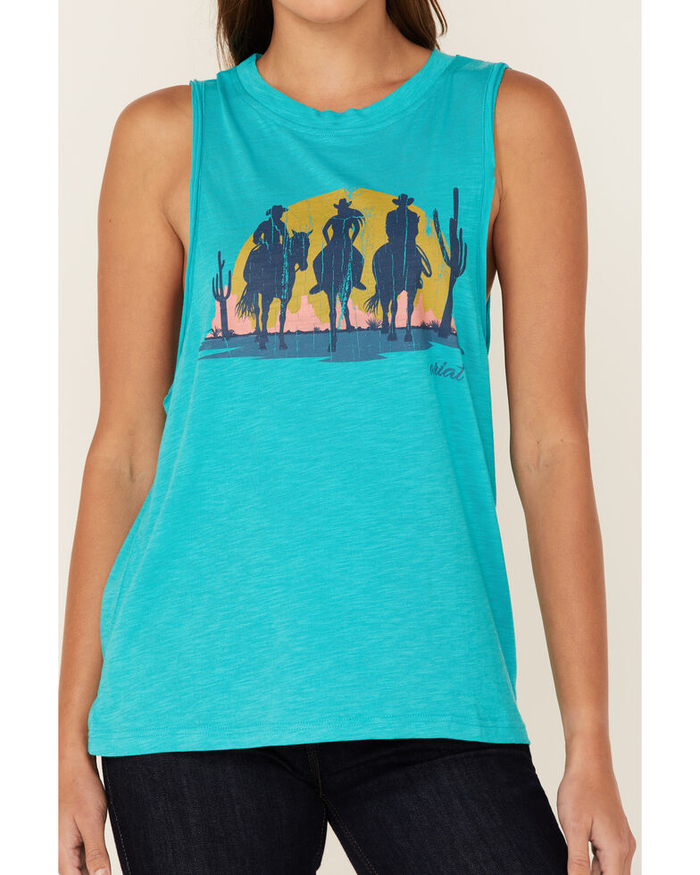Ariat Women's Wandering Sunset Cowboy Graphic Muscle Tank, Teal, hi-res