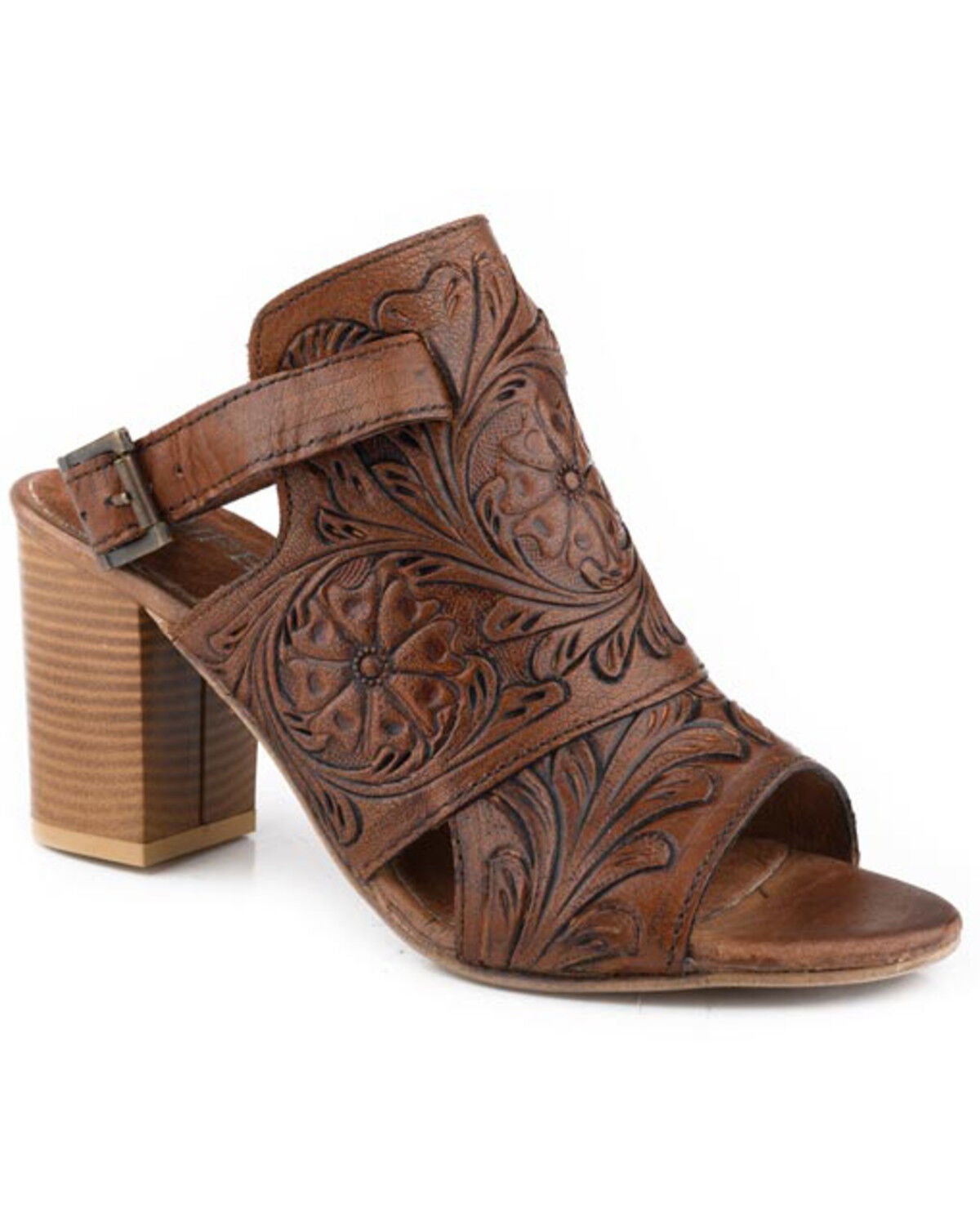 Image #1 - Roper Women's Mika Backstrap Tooled Heels, Tan, hi-res