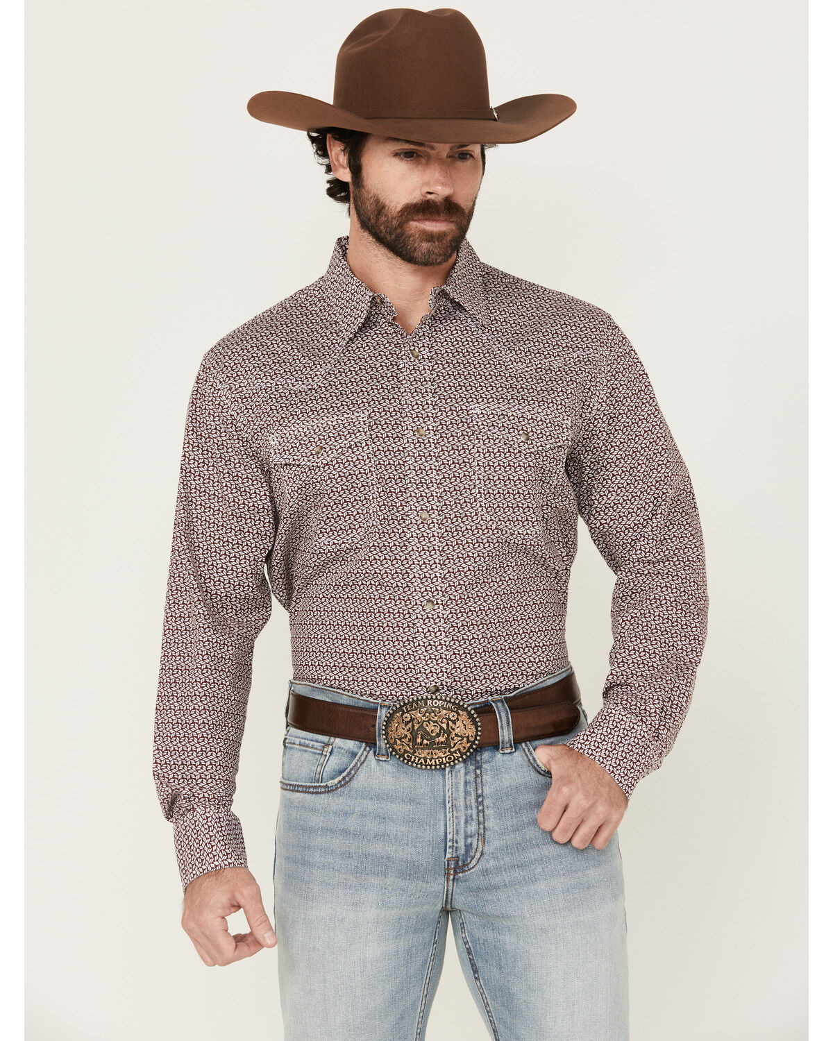 Image #1 - Wrangler Men's 20x Geo Print Long Sleeve Snap Stretch Western Shirt - Tall, Wine, hi-res