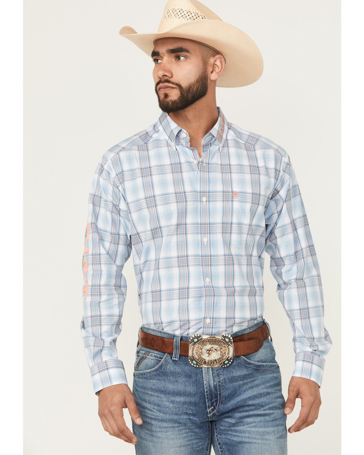 Ariat Men's Pro Series Team Finnegan Plaid Print Long Sleeve Button-Down Western Shirt, Blue, hi-res