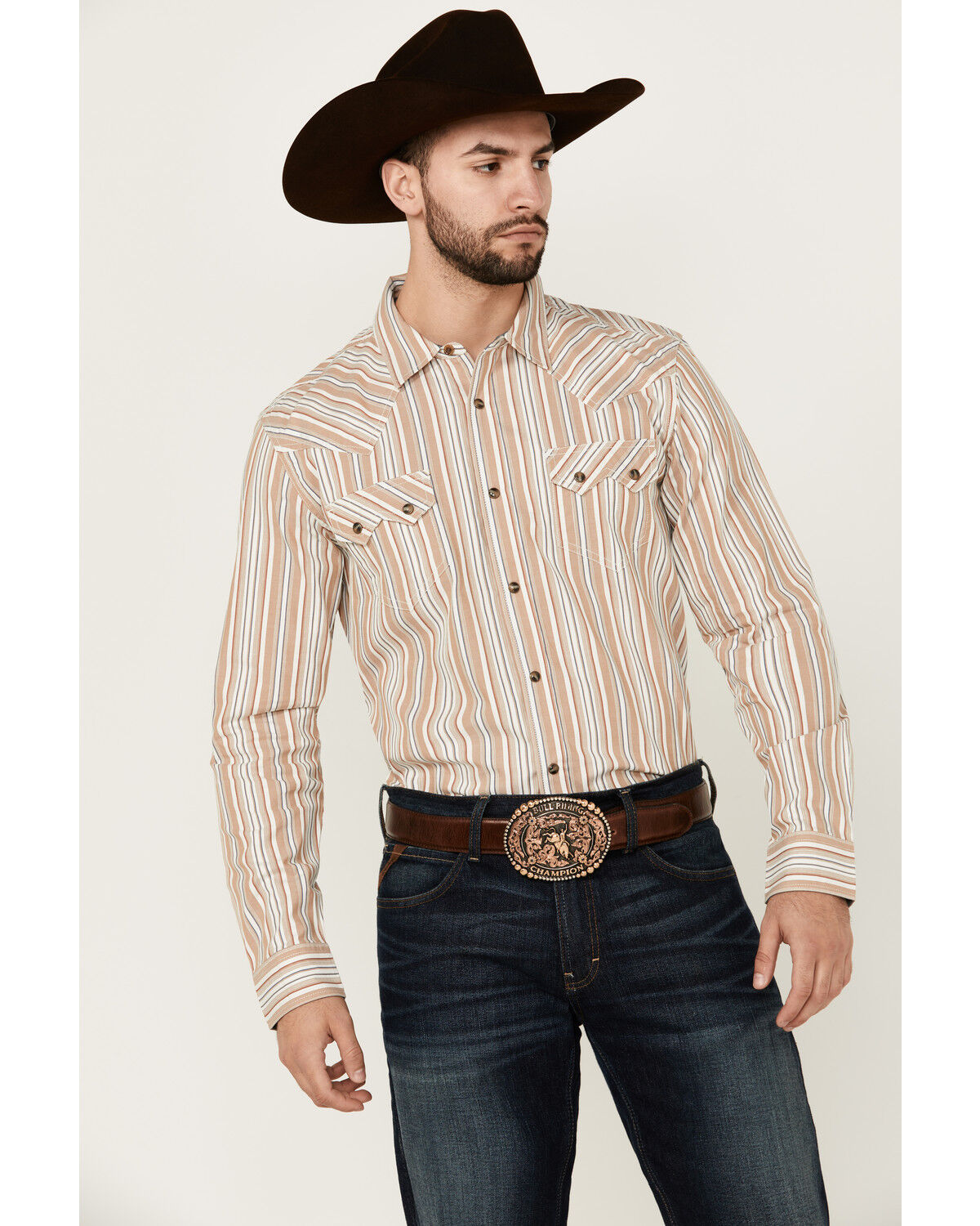 Image #1 - Cody James Men's Tough Guy Dobby Striped Print Long Sleeve Snap Western Shirt, Cream, hi-res