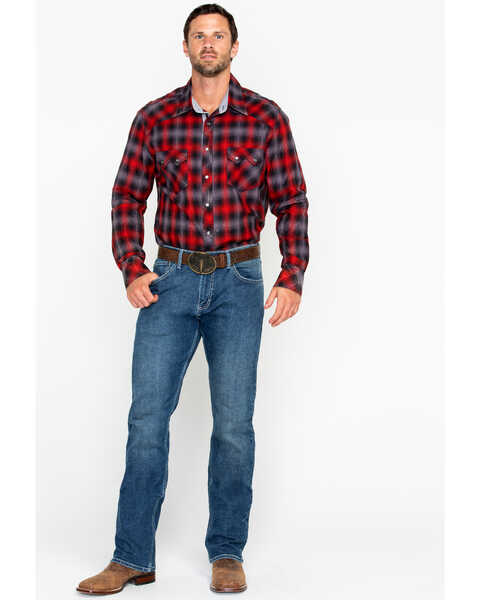 Rock & Roll Denim Men's Yarn Dye Satin Plaid Long Sleeve Western Shirt , Red, hi-res