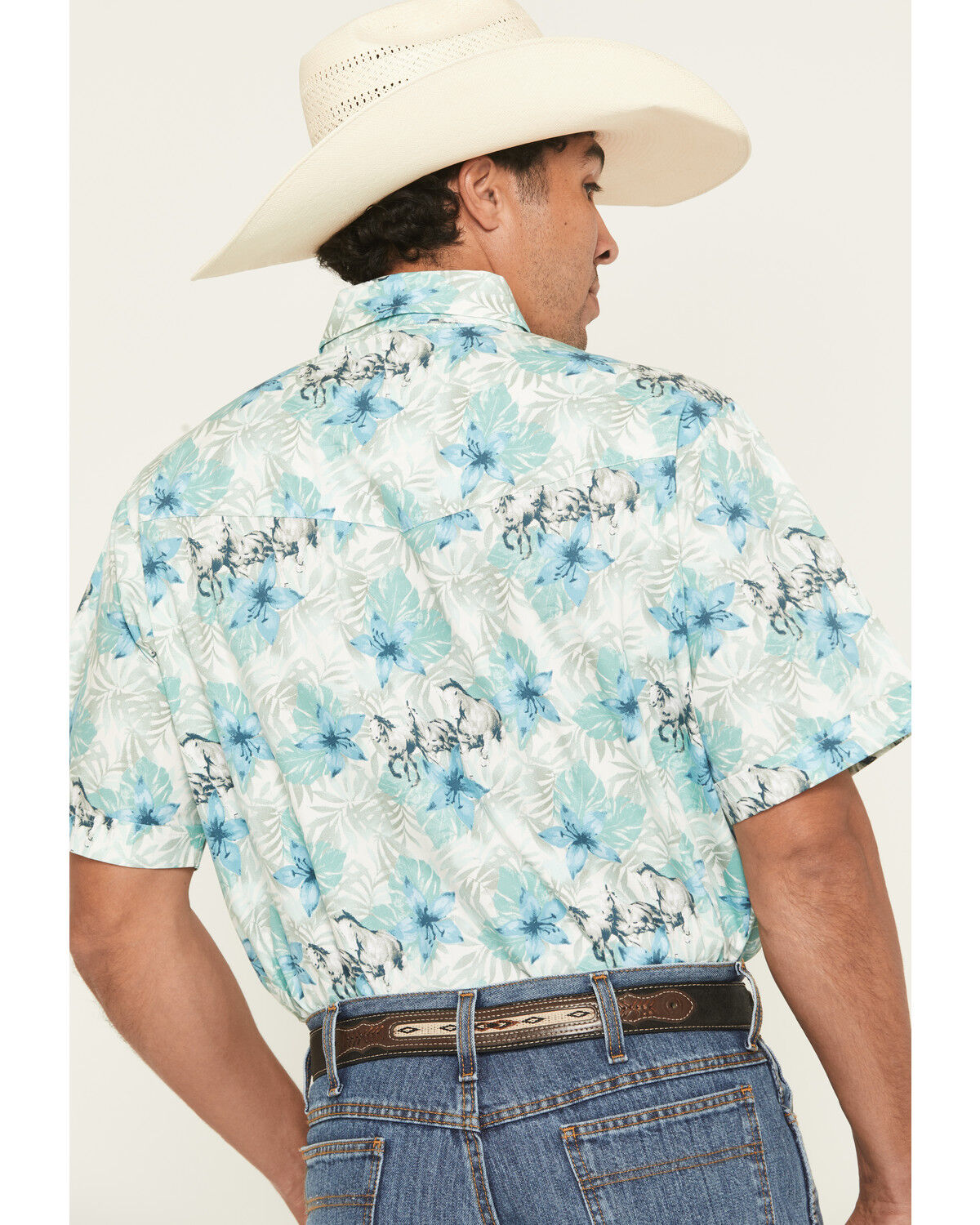Image #4 - Ely Walker Men's Hawaiian Horse Print Short Sleeve Snap Western Shirt, Cream, hi-res