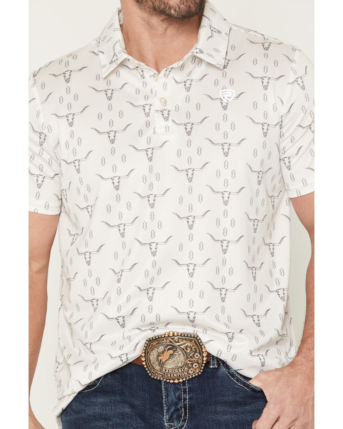Image #3 - Rock & Roll Denim Men's Steer Skull Print Short Sleeve Button-Down Stretch Polo, Natural, hi-res