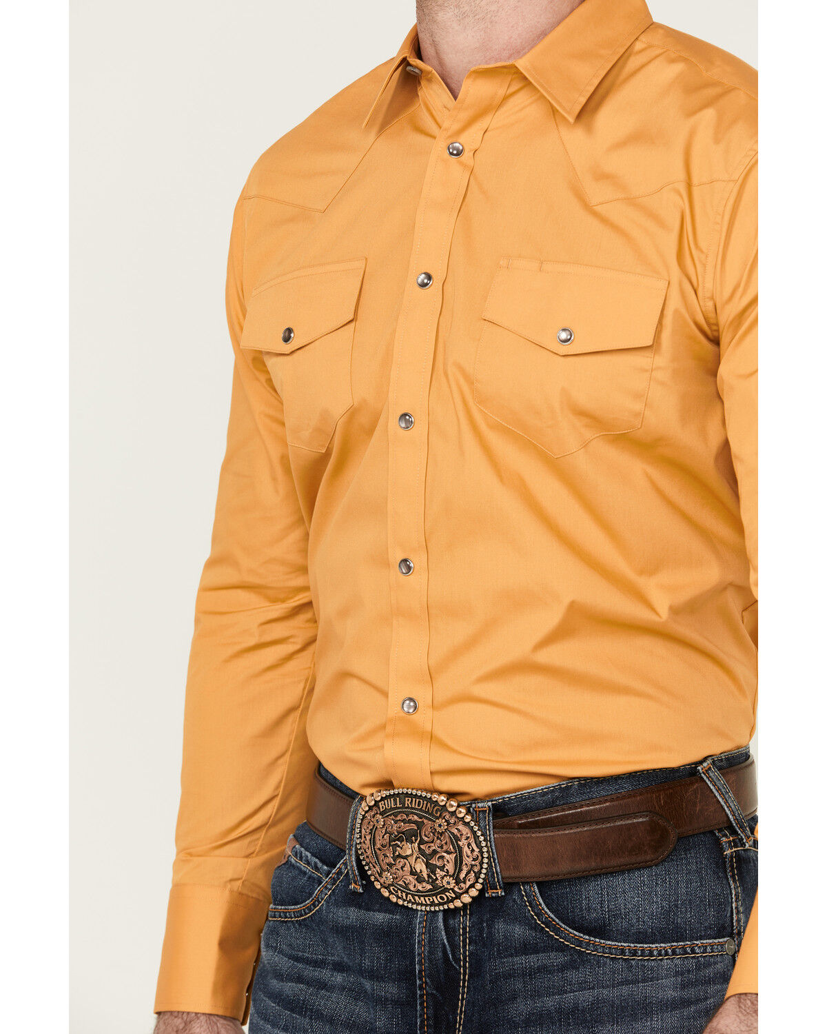 Image #3 - Gibson Men's Solid Long Sleeve Pearl Snap Western Shirt, Gold, hi-res
