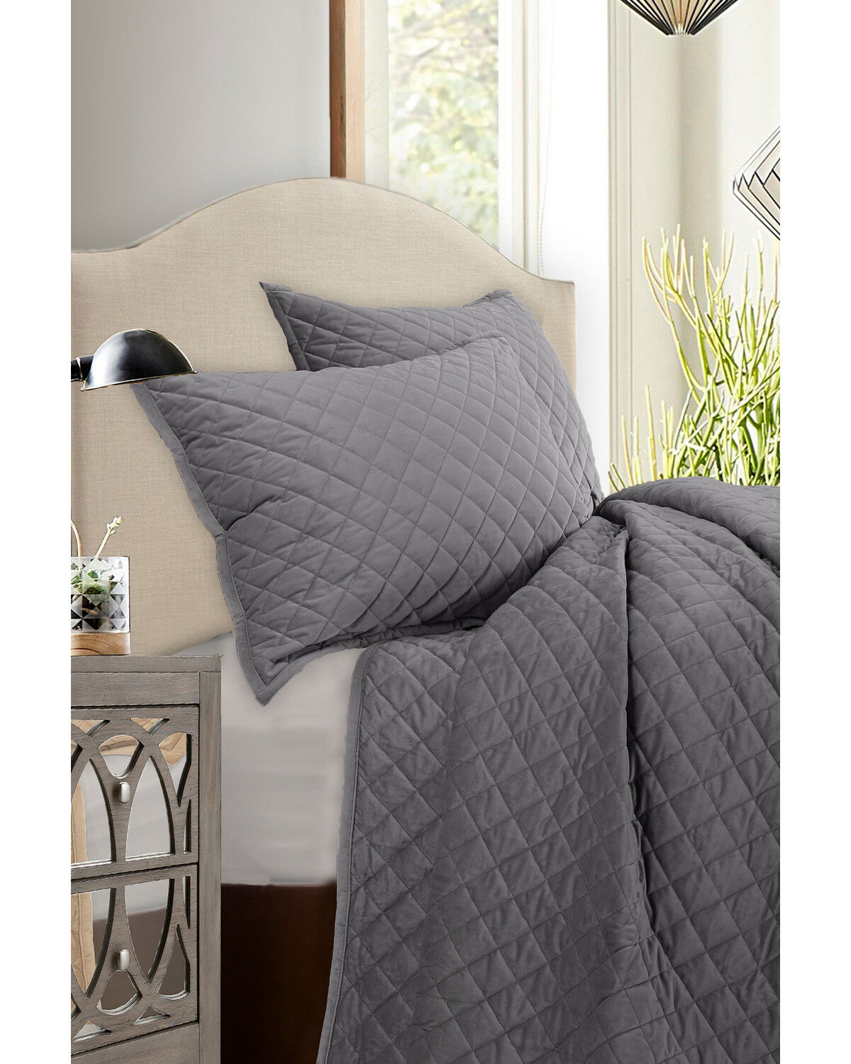 Image #1 - HiEnd Accents Velvet 3pc Quilt Set - King, Grey, hi-res