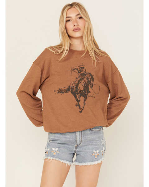 La La Land Women's Cowboy Graphic Crewneck Sweatshirt , Rust Copper, hi-res