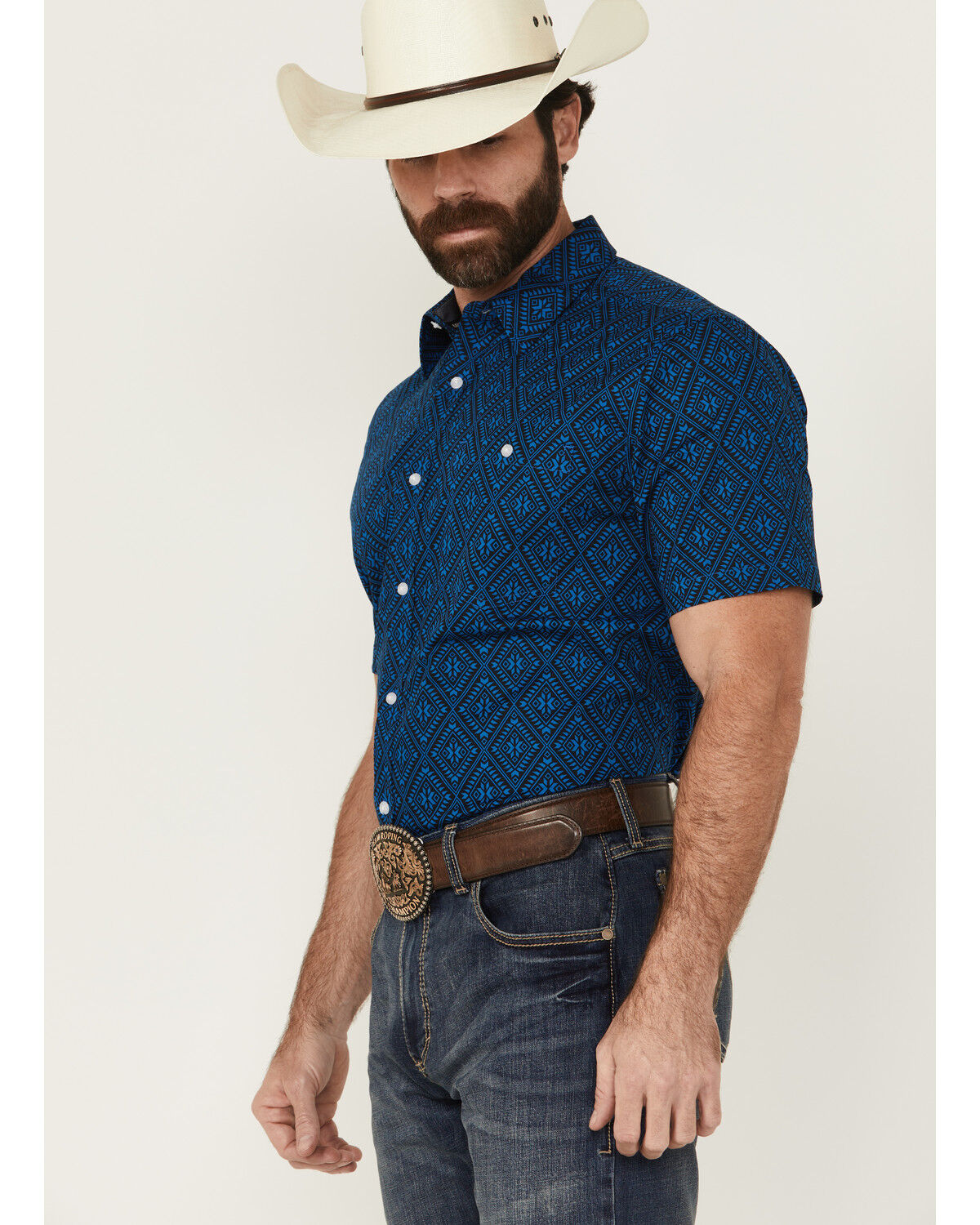 Image #2 - RANK 45® Men's Ribbon Medallion Print Short Sleeve Button-Down Stretch Western Shirt, Blue, hi-res