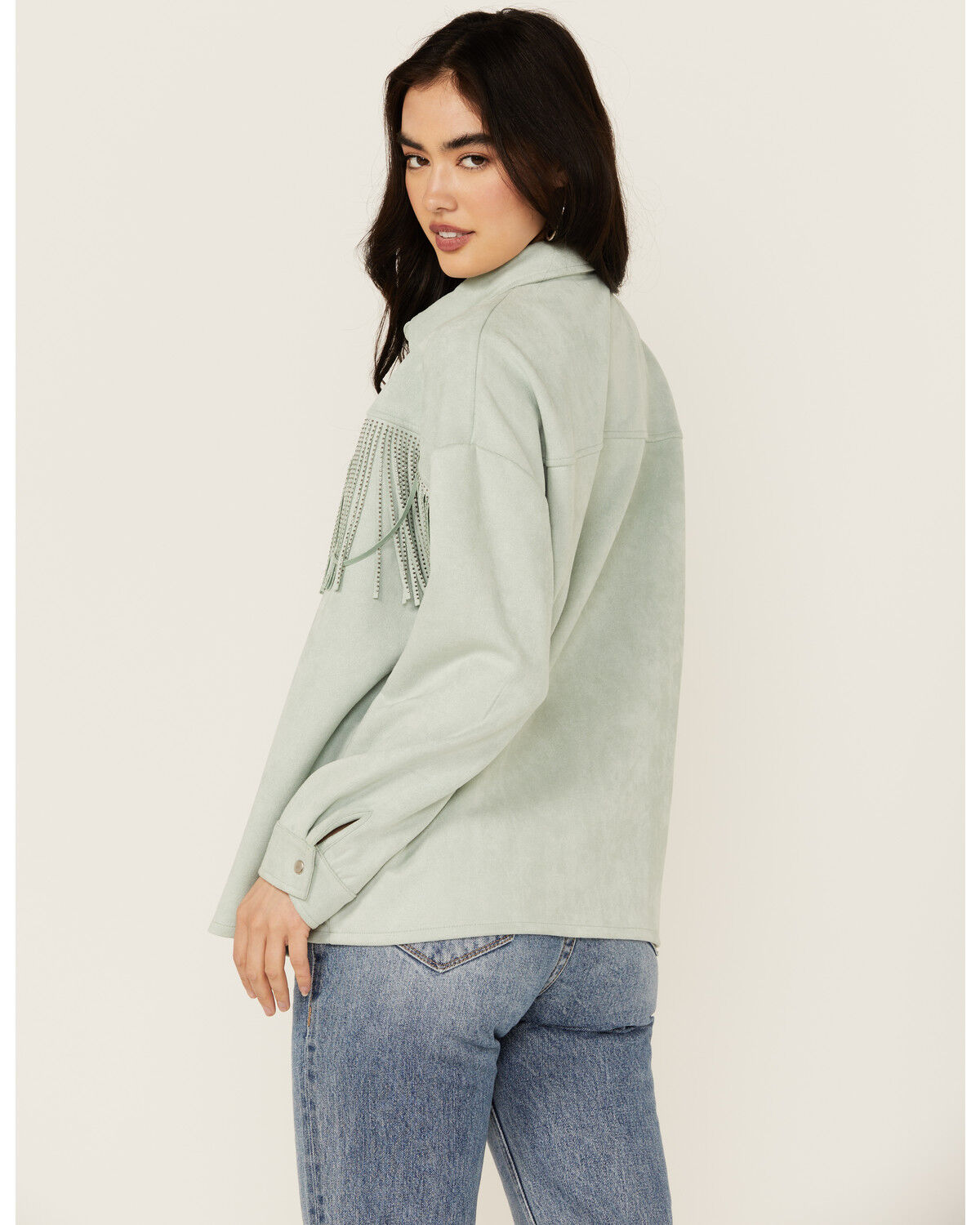 Image #4 - Rock & Roll Denim Women's Faux Suede Front Fringe Shacket, Mint, hi-res