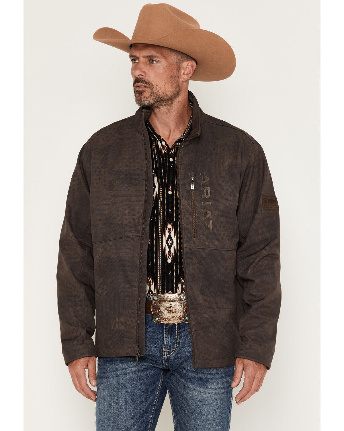 Ariat Men's Americana Patriot Flag Softshell Jacket, Brown, hi-res