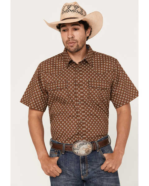 Cody James Men's Rabbit Foot Geo Print Short Sleeve Snap Western Shirt, Dark Brown, hi-res