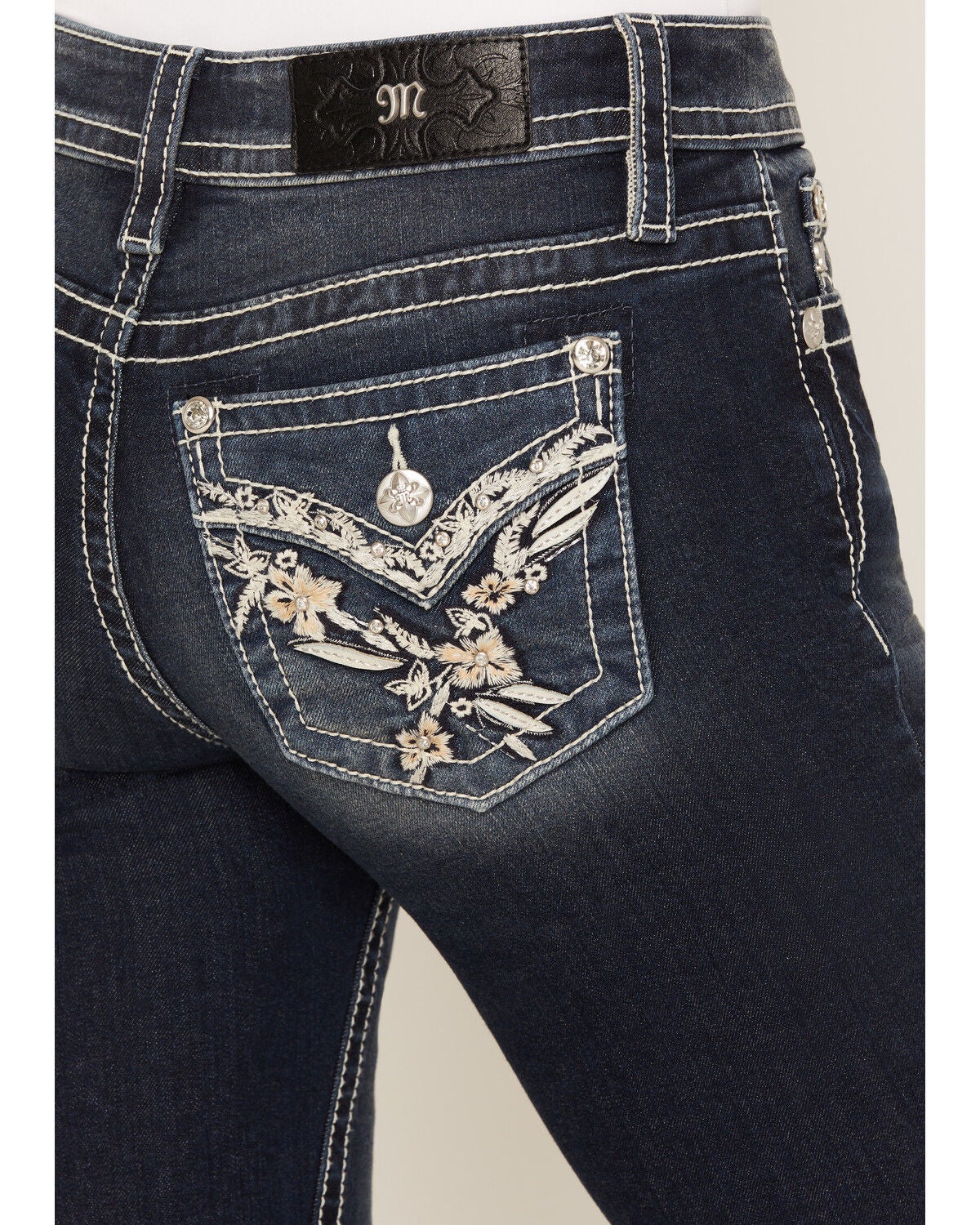 Image #2 - Miss Me Women's Dark Wash Floral Pocket 32" Bootcut Stretch Denim Jeans, Dark Wash, hi-res