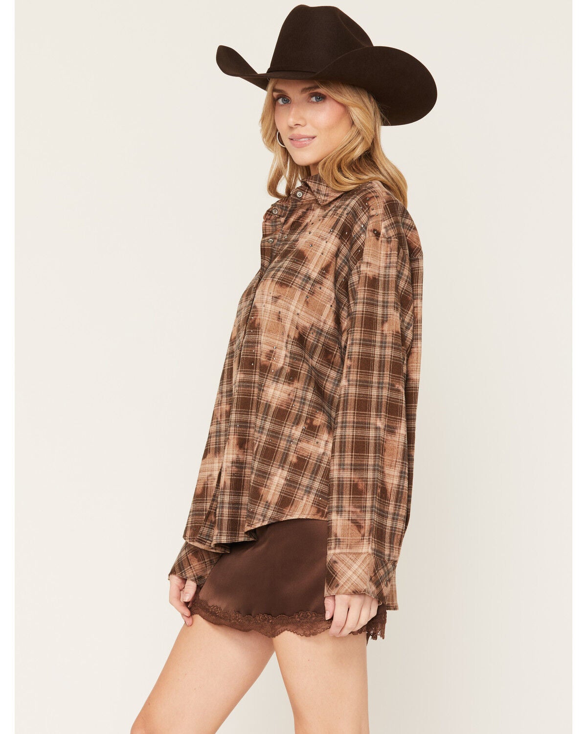 Image #2 - Cleo + Wolf Women's Rhinestone Distressed Plaid Print Long Sleeve Pearl Snap Flannel Shirt, Brown, hi-res
