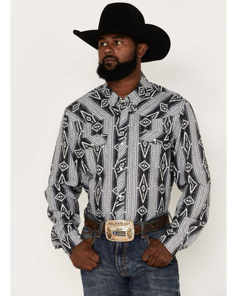 Rock & Roll Denim Men's Tek Southwestern Print Long Sleeve Pearl Snap Western Shirt, Charcoal, hi-res