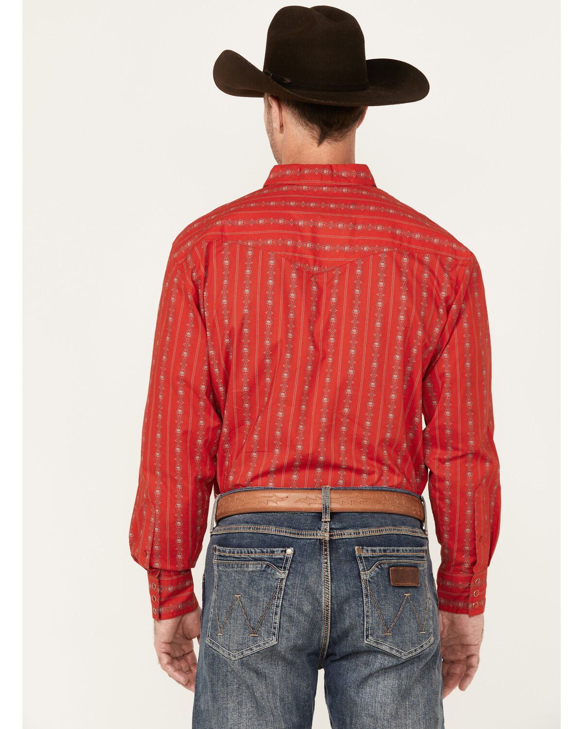 Image #4 - Scully Men's Skull Striped Long Sleeve Pearl Snap Western Shirt, Red, hi-res
