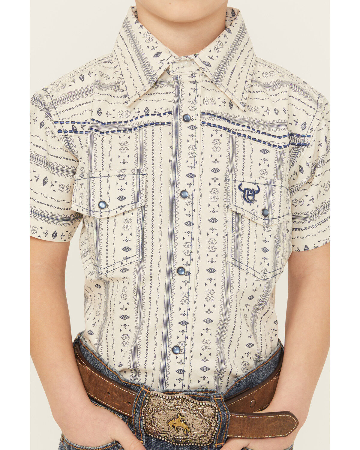 Image #3 - Cowboy Hardware Boys' Stripe Southwestern Print Short Sleeve Snap Stretch Western Shirt, Cream, hi-res