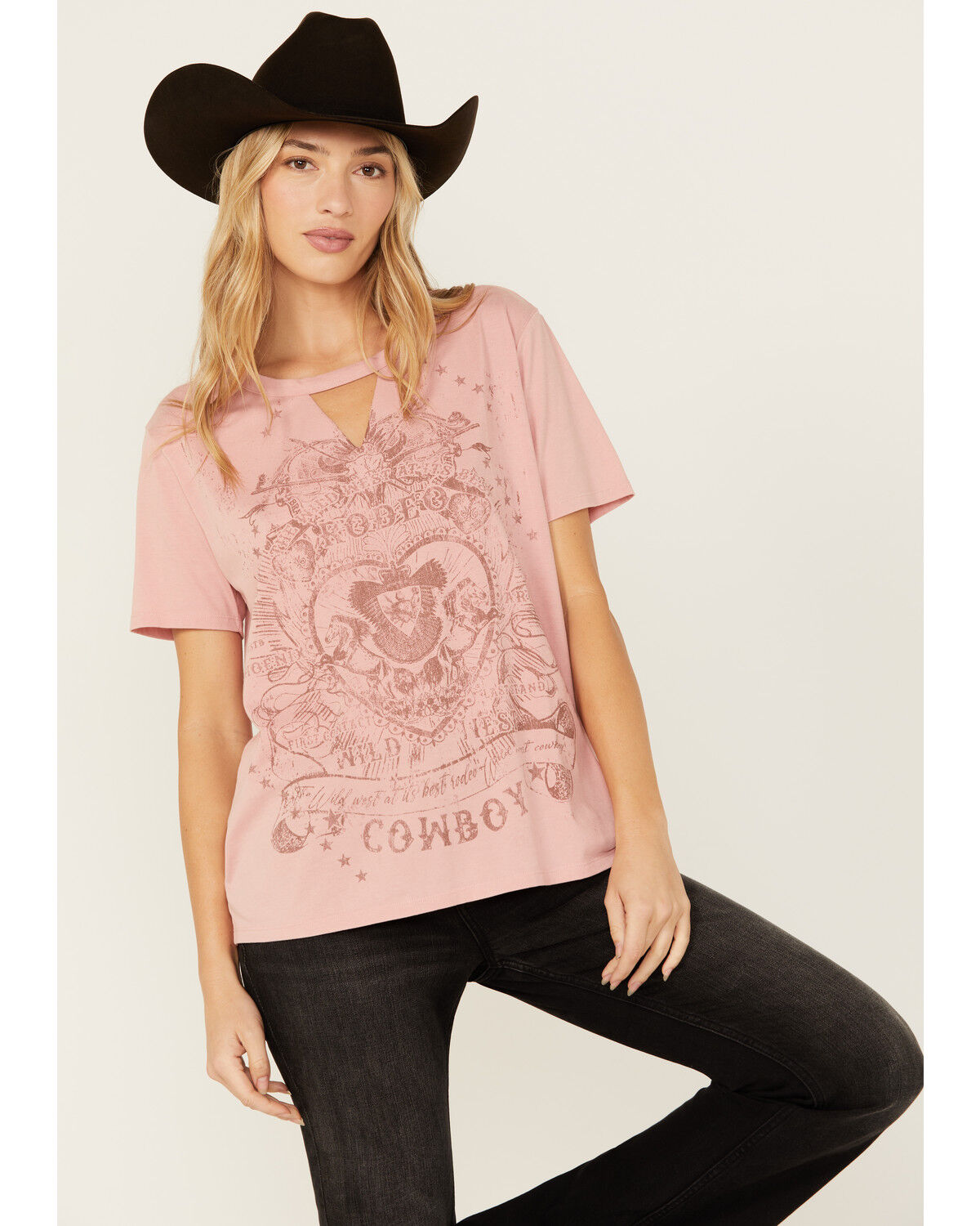 Image #1 - Blended Women's Rodeo Cowboy Cutout Short Sleeve Graphic Tee, Pink, hi-res